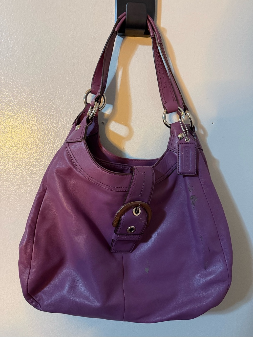 Coach Purple Leather Hobo Shoulder Bag with Buckle Strap